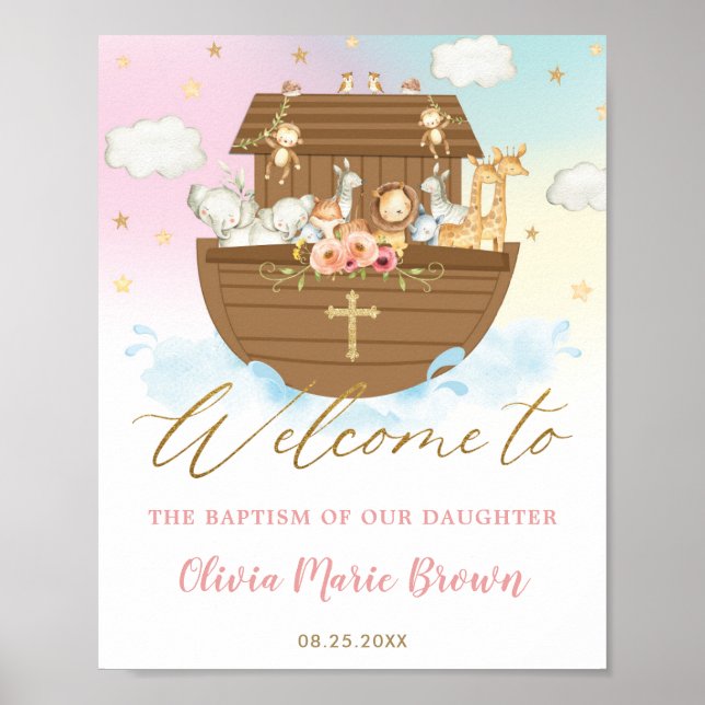 Poster Chic Noah's Ark Girl Baptism Christening Bienvenue (Devant)