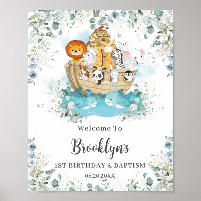 Poster Chic Noah's Ark Greenery Baptême Anniversaire Bien (Devant)