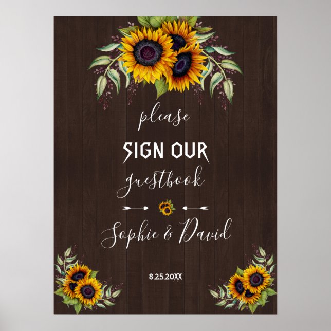 Poster Chic Old Wood Sunflowers S'il vous plaît signer no (Devant)