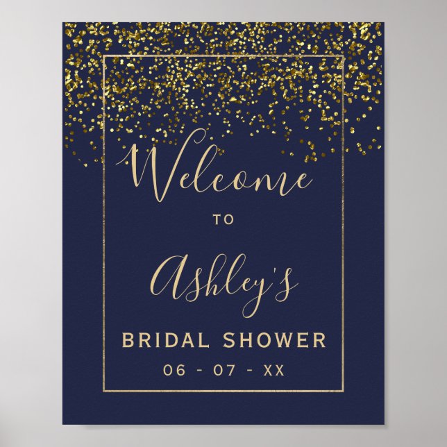 Poster Chic or confetti marine bleu nuptiale douche bienv (Devant)