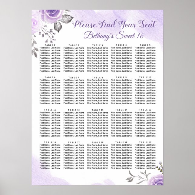 Poster Chic Pastel Purple Floral Sweet 16 Seating Chart (Devant)