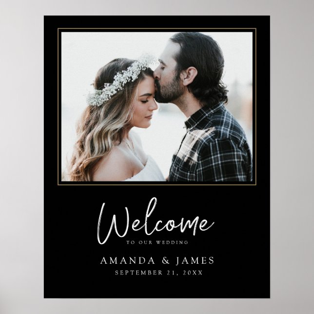 Poster Chic Photo Mariage de Bienvenue Noir, Blanc et Or (Devant)