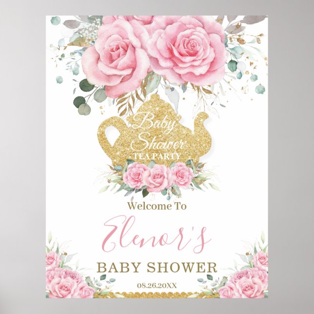 Poster Chic Rose Floral Rose Baby shower High Tea Party (Devant)