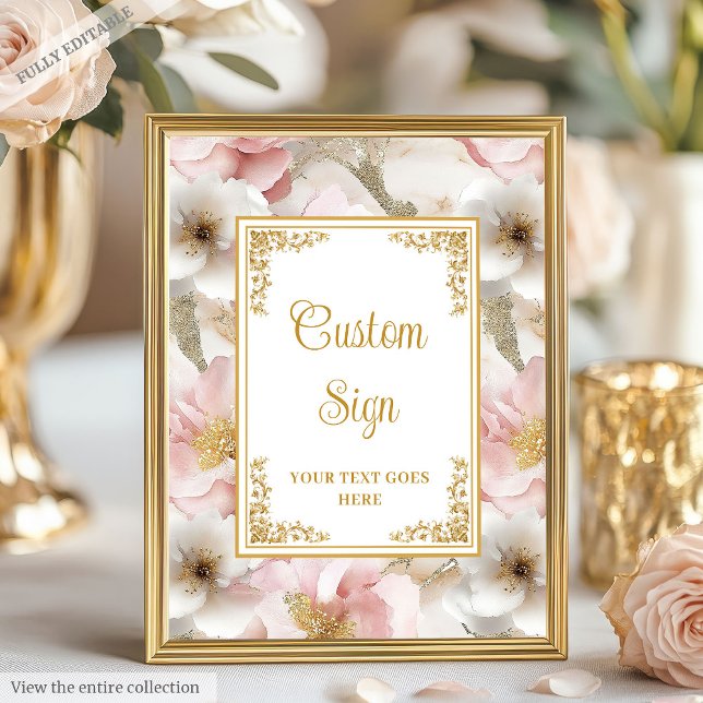 Poster Chic rose poussiéreux fleurs et or mariage 8x10 si (Chic dusty pink flowers and gold wedding 8x10 sign)