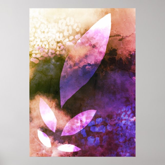 Poster Chic Rose violet  Feuilles Abstrait Peinture (Devant)