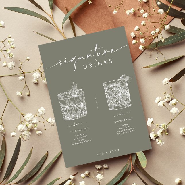 Poster Chic Sage Green Bar Signature Boissons Mariage Sig (Créateur téléchargé)