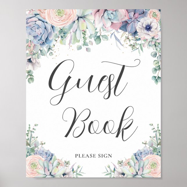 Poster Chic Succulents Blush Floral Mariage livre d'hôtes (Devant)