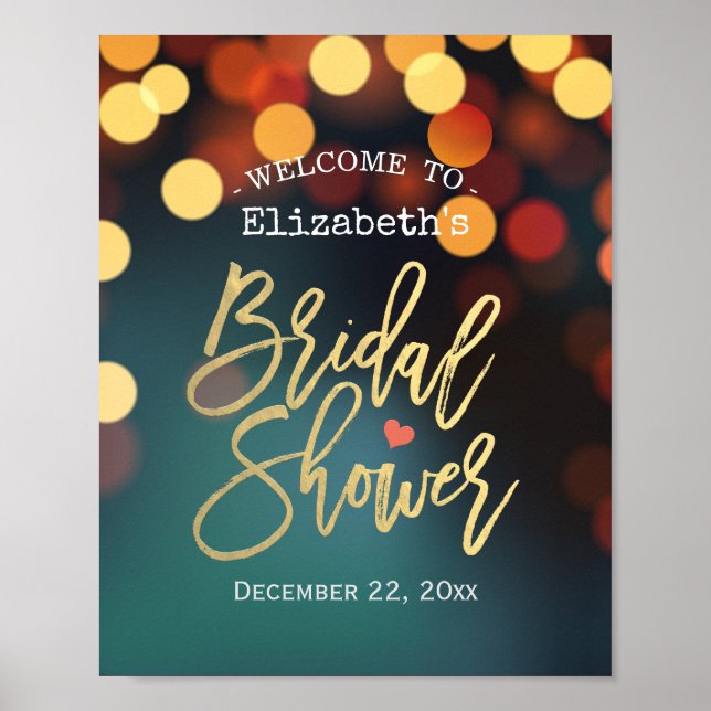 Poster Chic Turquoise Gold Bokeh Lights Fête des mariées  (Devant)
