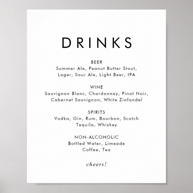 Poster Chic Typographie Mariage Boissons Menu Signer (Devant)