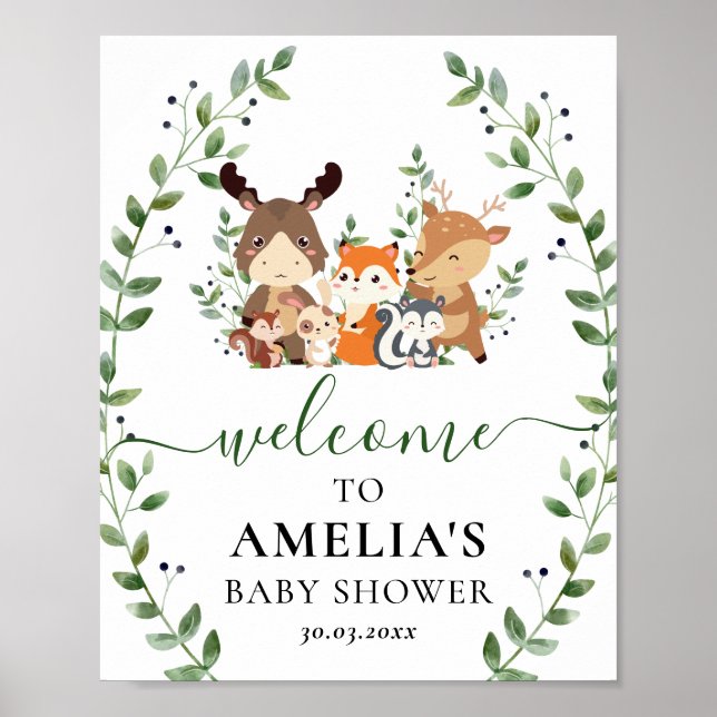 Poster Chic Woodland Green Animaux Baby shower Bienvenue (Devant)