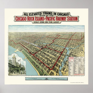 Poster Chicago a élevé des trains, la carte panoramique