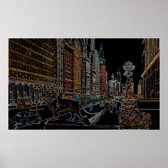 POSTER CHICAGO ART INSTITUTE LIONS MICHIGAN AVE NEON 1930 (Devant)