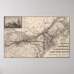 Poster Chicago Grand Trunk Railway Map, 1887