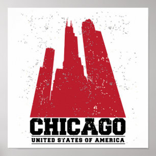 Poster Chicago, Illinois   Red City Skyline