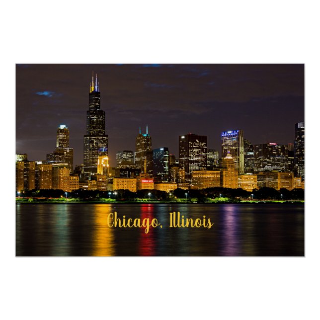 Poster Chicago, Illinois Skyline la nuit (Devant)