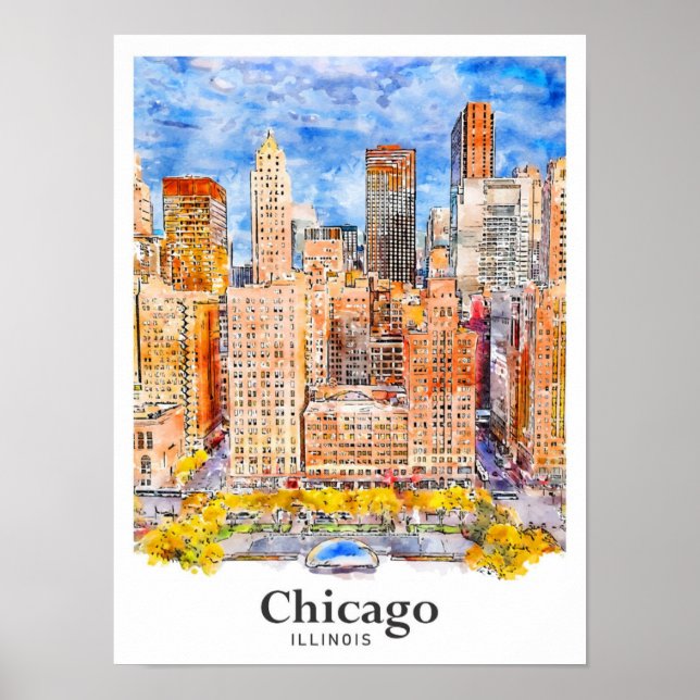Poster Chicago Illinois Voyage Aquarelle main tirée (Devant)