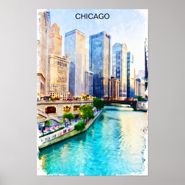 Poster Chicago Illinois Watercolor City View (Devant)