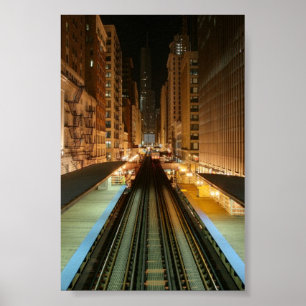 Poster Chicago "L" station la nuit