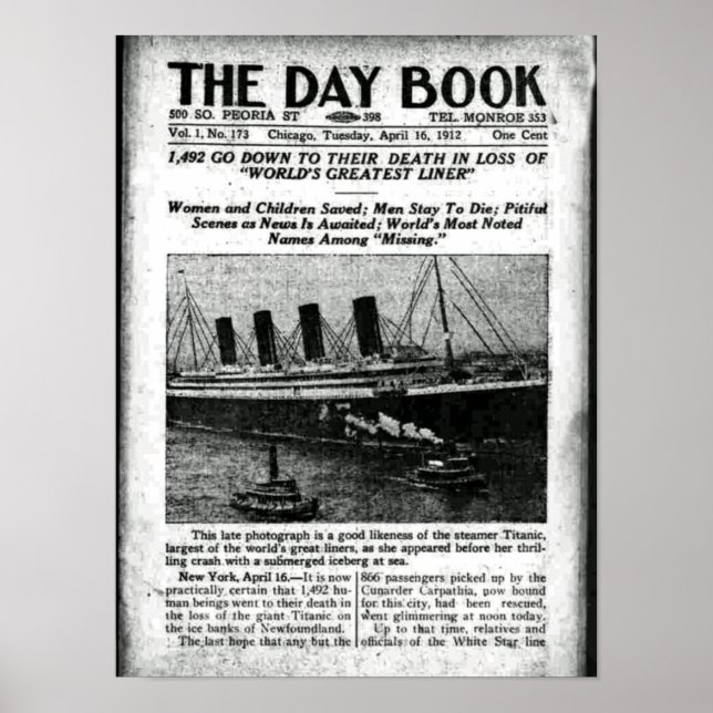 Poster Chicago Newspaper 16 avril 1912 Titanic (Devant)