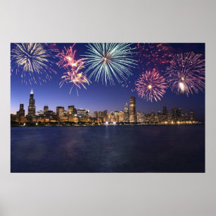Poster Chicago Skyline avec Fireworks Print