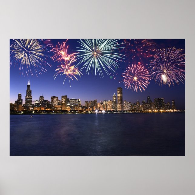 Poster Chicago Skyline avec Fireworks Print (Devant)
