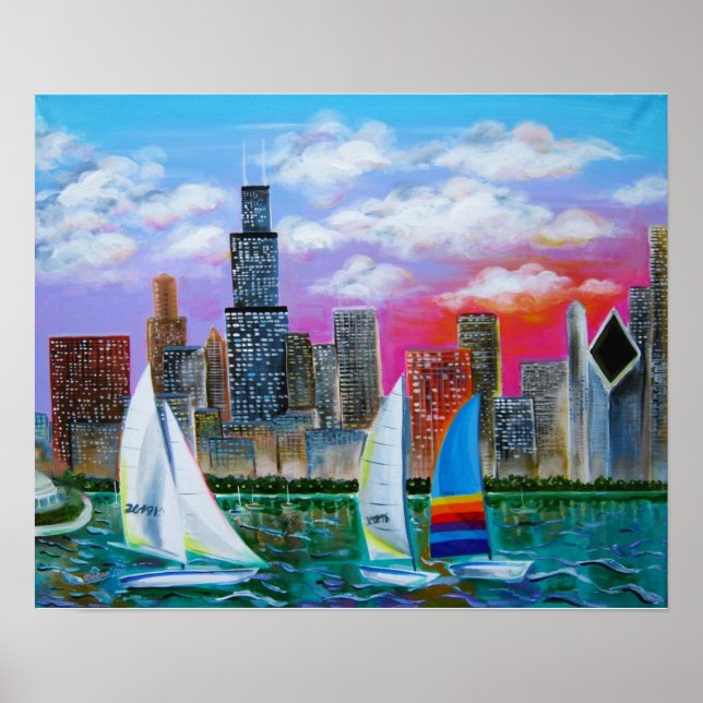 Poster Chicago Skyline par le lac Michigan (Devant)