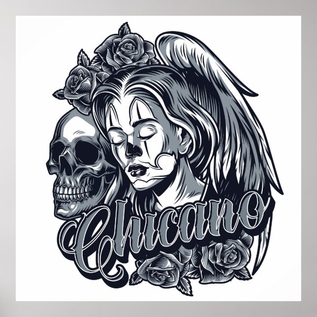Poster Chicano (Femme aux ailes, Rose et crâne) (Devant)