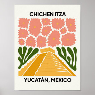 Poster Chichen Itza Yucatan Mexique voyage art floral
