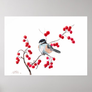 Poster CHICKADEE & BERRIES ROUGES par SHARON SHARPE