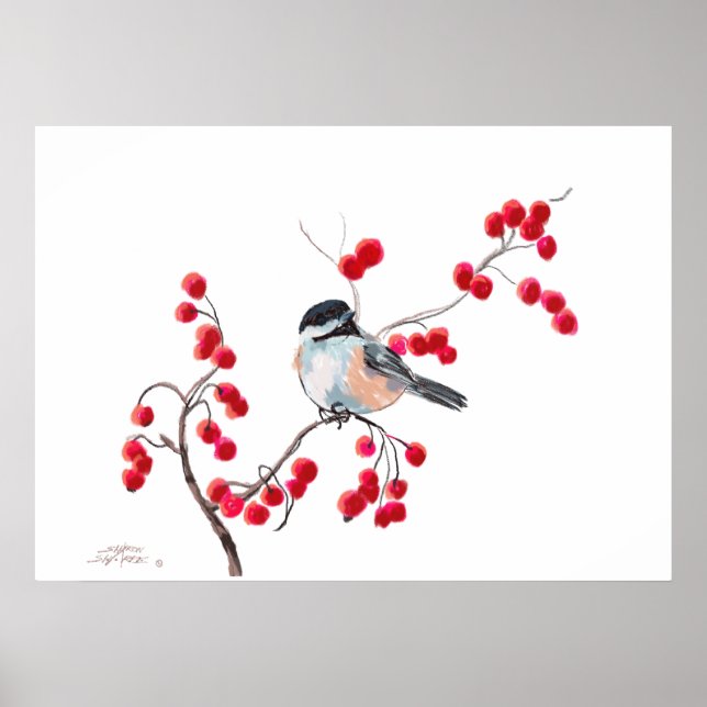 Poster CHICKADEE & BERRIES ROUGES par SHARON SHARPE (Devant)