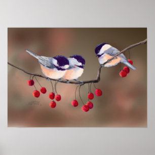 Poster CHICKADEES & BERRIES ROUGES par SHARON SHARPE