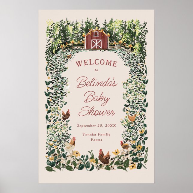 Poster Chickens Barn Charming Farm Baby Shower Welcome (Devant)