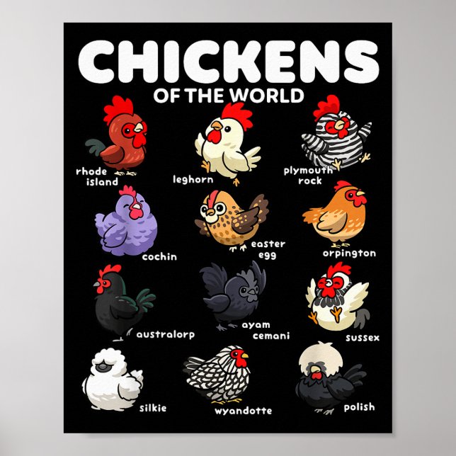 Poster Chickens Of The World Funny Cartoon Chicken Breeds (Devant)