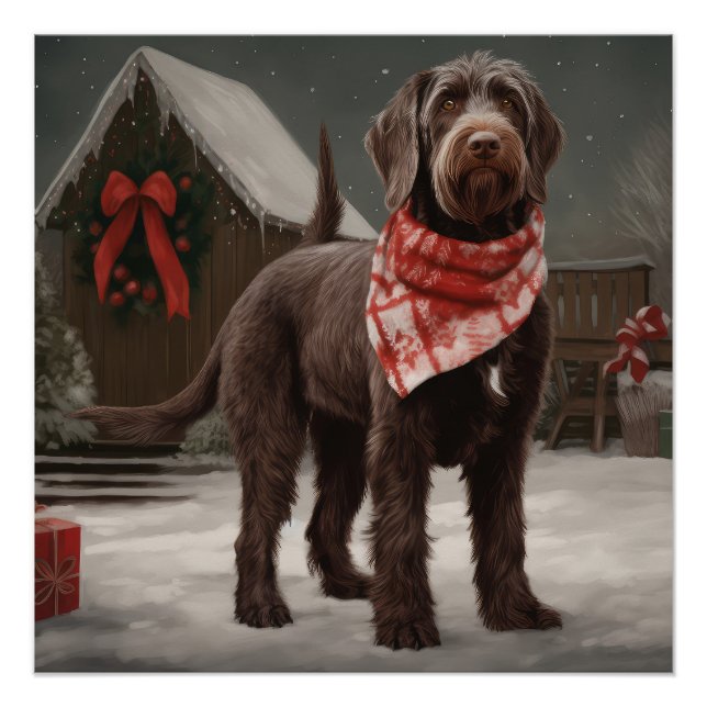 Poster Chien à pointes à poils durs à Noël de neige (Devant)