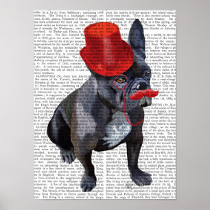 Poster Chien à tête rouge avec chapeau rouge et moustache