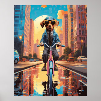 Poster Chien à vélo en ville