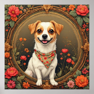 Poster Chien adorable encadré de fleurs colorées