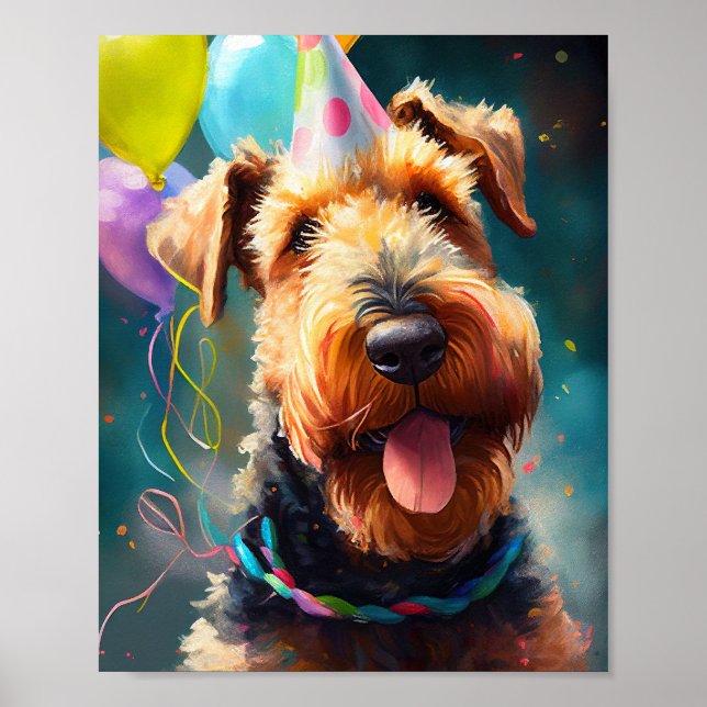 Poster Chien Airedale avec casquette d'anniversaire et ba (Devant)