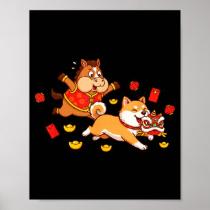 Poster Chien Akita Cheval Chinois Drôle Enfants Hommes Fe