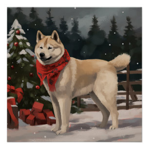 Poster Chien Akita dans la neige Noël