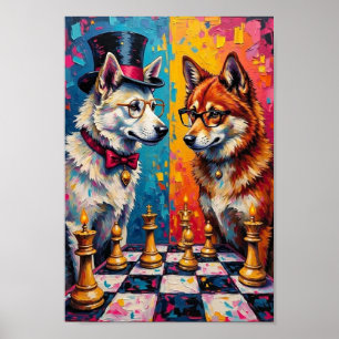 Poster Chien Akita Jouant aux Échecs Pop Art