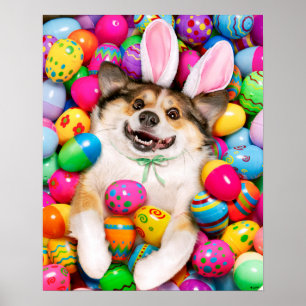 Poster Chien allongé sur des œufs de Pâques