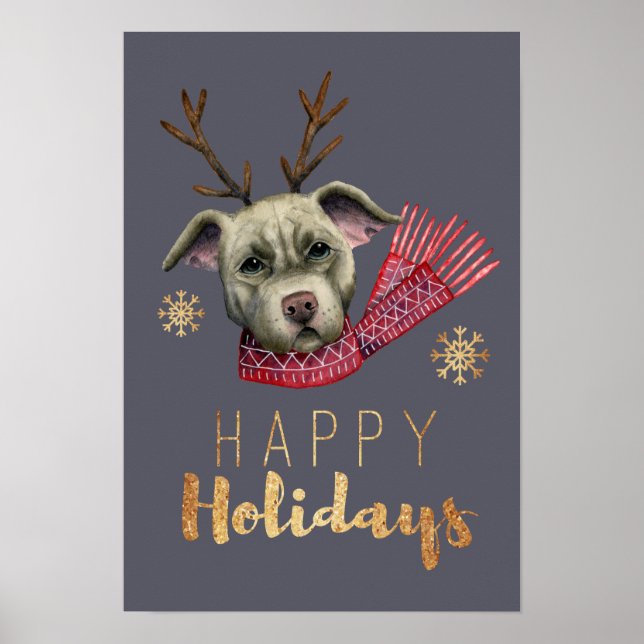 Poster Chien Antlers Noël Funky Watercolor Art (Devant)