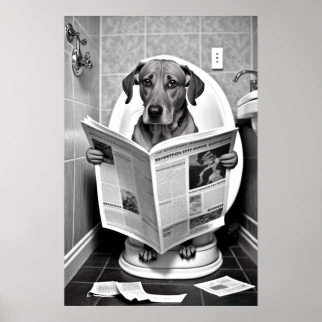 Poster Chien assis sur les toilettes Lire un journal (Devant)