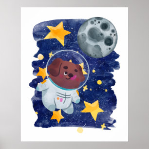 Poster Chien astronaute aquarelle espace étoiles planète