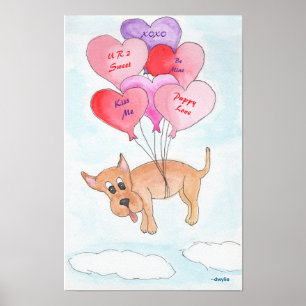 Poster Chien avec ballons en forme de cœur