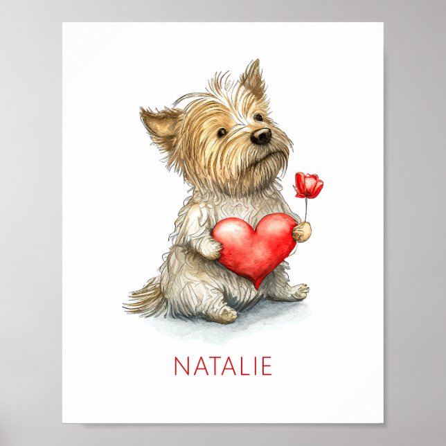 Poster Chien avec Coeur aquarelle Mur art pour les enfant (Devant)