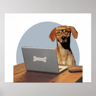 Poster Chien avec lunettes à l'ordinateur et bureau