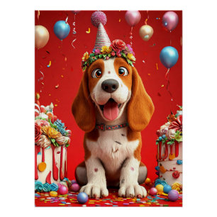 Poster Chien Beagle Adorable Célébrant un Anniversaire