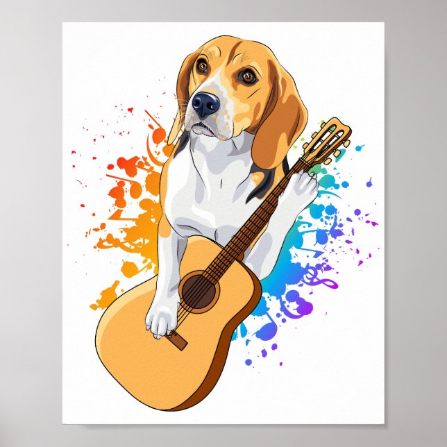 Poster Chien beagle jouant à la guitare acoustique (Devant)
